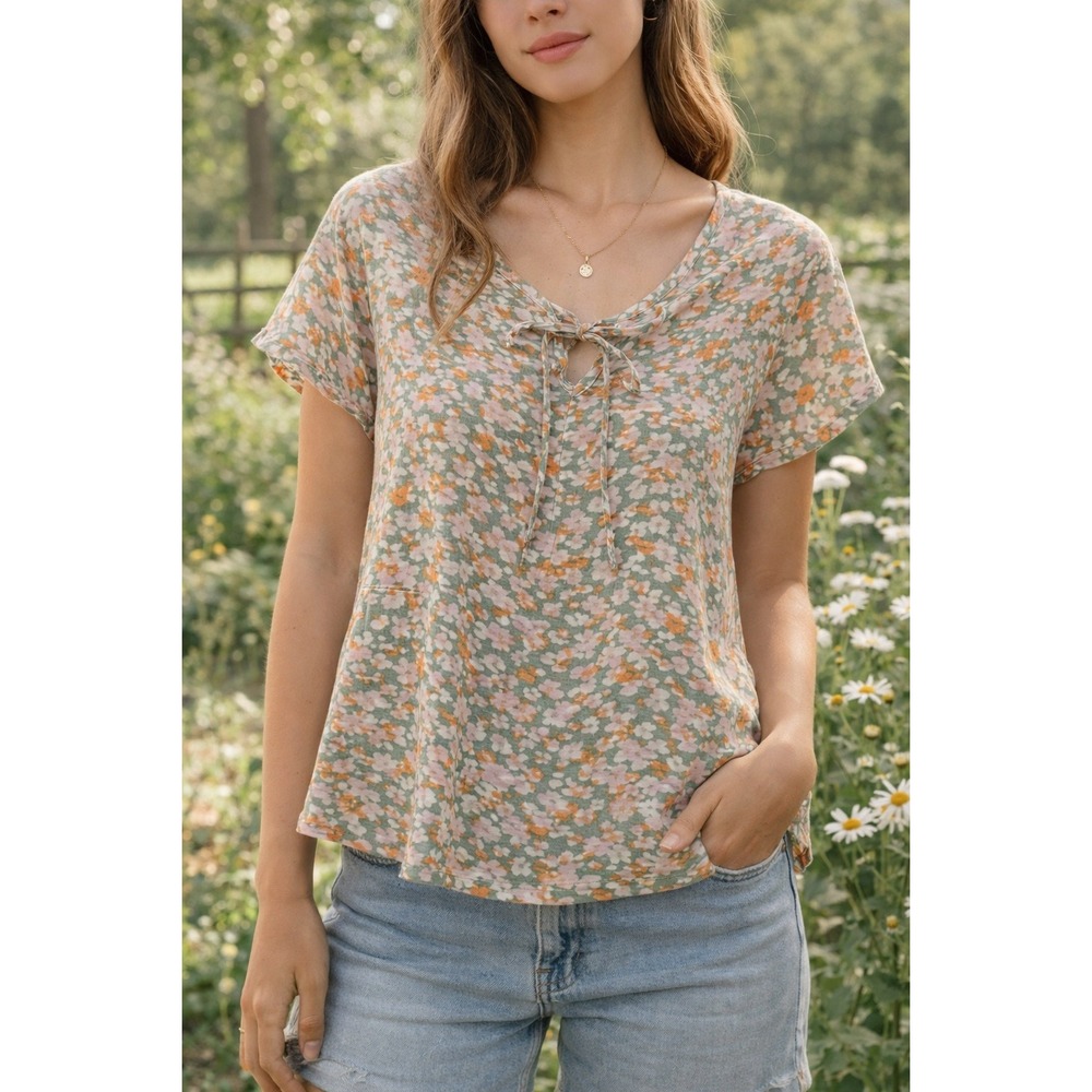Melrose & Market‎ Floral Cottagecore Boho Lace-Up Rayon Blouse Top Sz S
